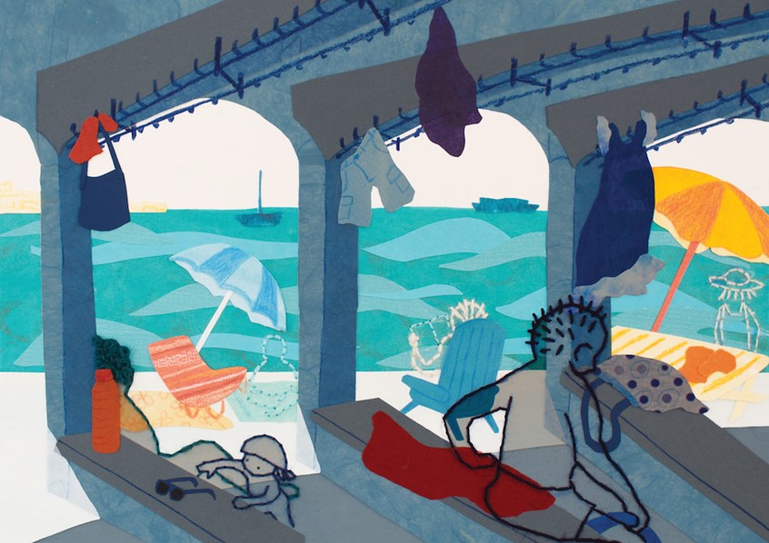 illustration of An editorial illustration showing swimmers relaxing at the Trieste Topolini swimming area, focusing on the heat and light of the sun against the cool and dark of the shade. Made with paper and textile collage, the hand-stitched wool outlines of figures suggest their transience against the fixed building and consistent sea.