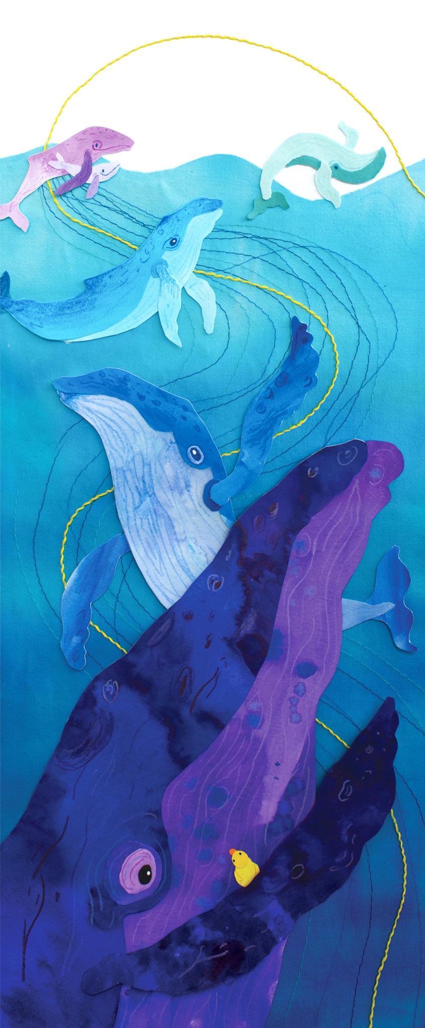 illustration of A spread from a picture book project 'The Biggest Bathtub' in which a little toy bath duck travels the ocean currents. Here she meets a family of humpback whales who carry her to the surface. Made with paper and textile collage with wool and hand-stitching.