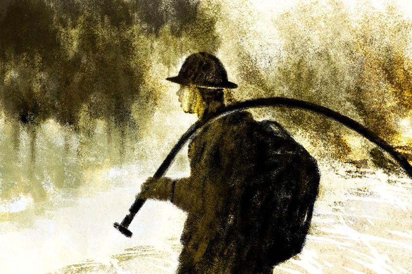 illustration of Firefighters carry heavy packs along rugged slopes to calm fast-moving fires, and sweltering weather is compounding already dangerous work. A climate report by Gabrielle Canon.
Client: The Guardian US | AD: Rita Liu