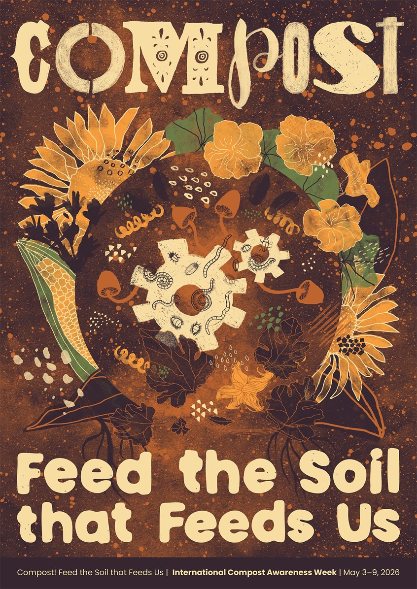 illustration of Mixed media illustration created for the Compost Foundation open call. The piece treats composting as a metaphor for transformation and regeneration rather than a practical guide - organic forms, layered watercolour-like textures and a circular composition that echoes natural cycles. Hand-lettered title with collage elements. Earthy browns, muted greens and warm gold.