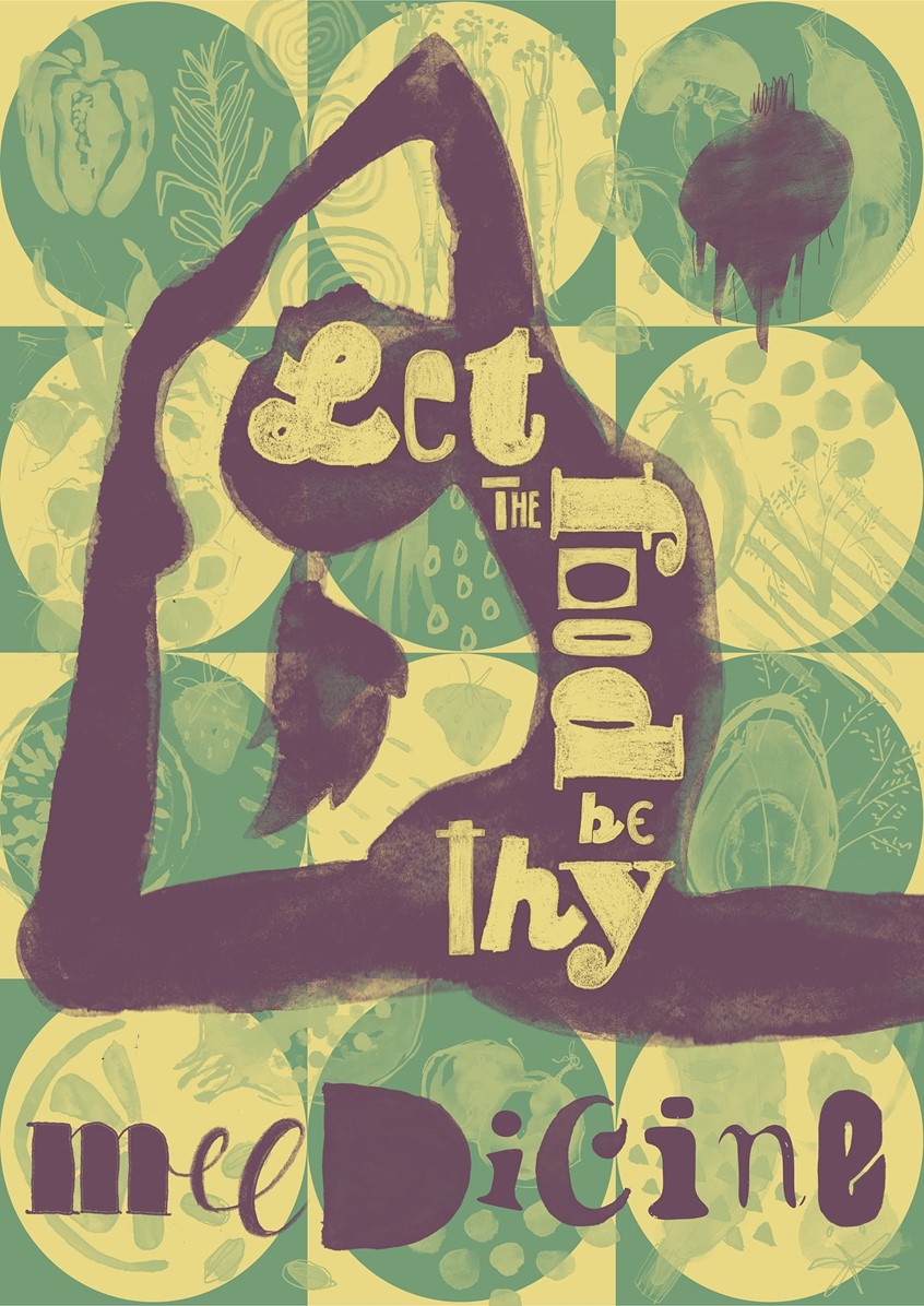 illustration of Mixed media lifestyle illustration combining a yoga figure with hand-lettered typography -