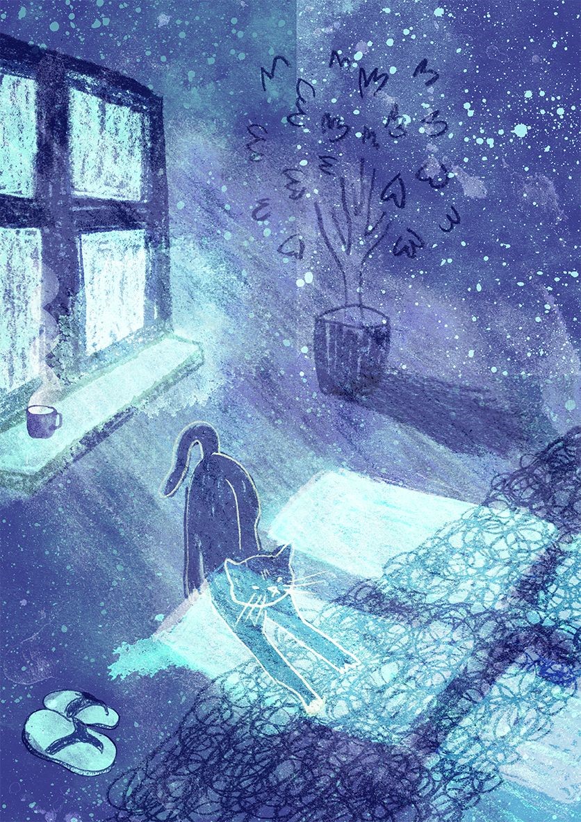illustration of Mixed media illustration capturing a suspended winter morning - cold sunlight through the window, a cat stretching in the patch of light on the floor, a figure nearby, a cup. The moment that is neither before nor after anything in particular, just itself. Blue and teal, watercolour and pencil. Suited for editorial contexts around slow living, everyday interiority, mental health and quiet domestic life.