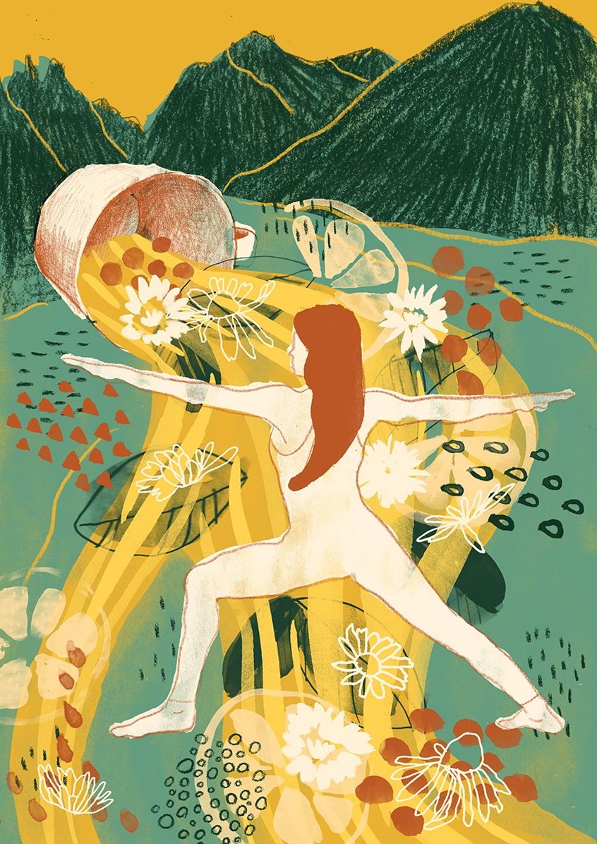 illustration of Mixed media lifestyle illustration combining surreal composition with layered collage and painted textures. Bold yellows and greens, botanical elements, strong figure in movement. Suited for editorial contexts around women's strength, mindful movement, slow living and everyday resilience.