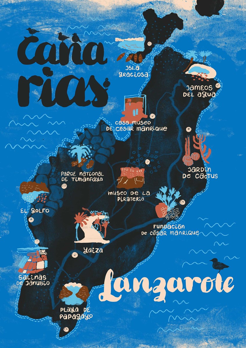 illustration of Illustrated map of Lanzarote with hand-lettered place names and drawn landmarks - volcanic landscape, cacti garden, César Manrique sites. Vibrant blue palette, decorative and detailed. Suited for travel editorial, guidebooks and lifestyle publishing.