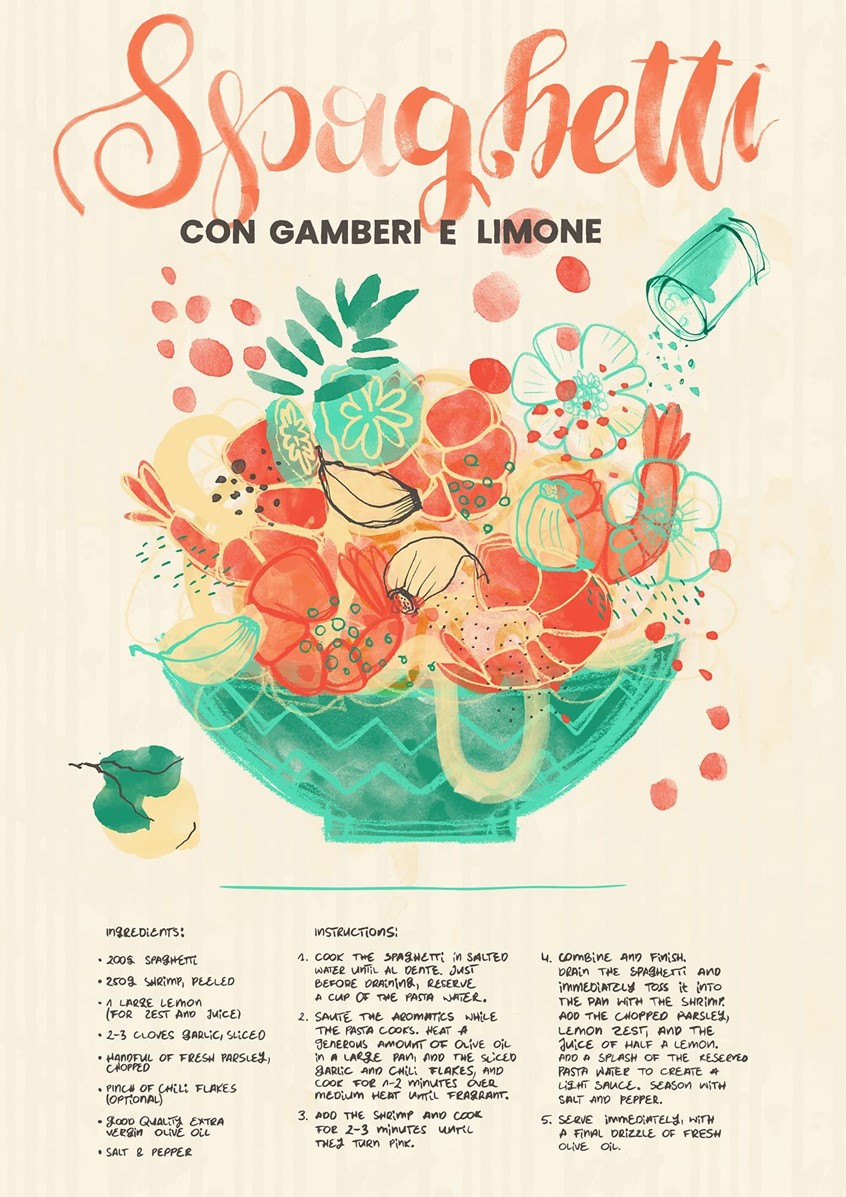 illustration of Food illustration combining a decorative bowl of lemon and shrimp spaghetti with a hand-written recipe - ingredients and instructions included in the composition. Loose watercolour and ink, warm coral and teal palette, scattered botanical elements. Suited for food editorial, cookbooks and lifestyle publishing.