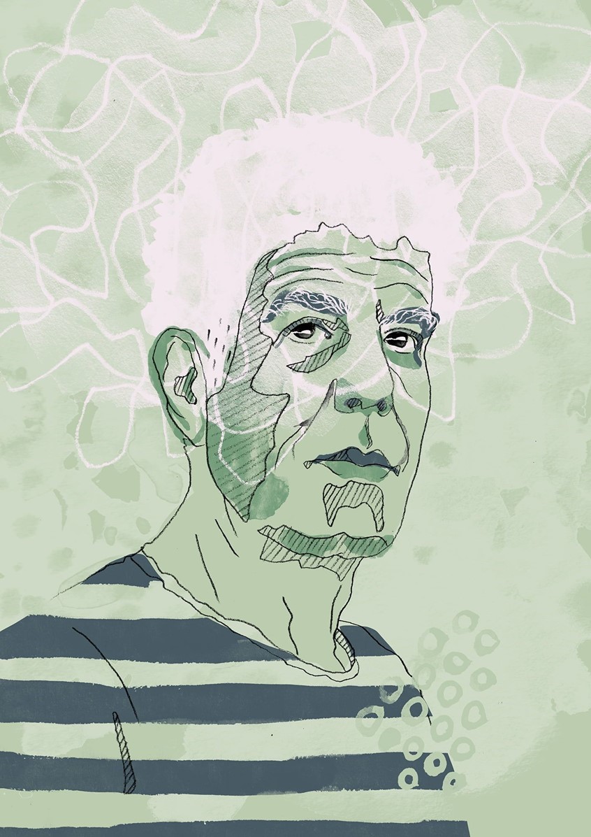 illustration of Editorial portrait illustration of Anthony Bourdain. Ink and watercolour, loose linework with hatching, muted green palette. Suited for food, culture and lifestyle editorial contexts.