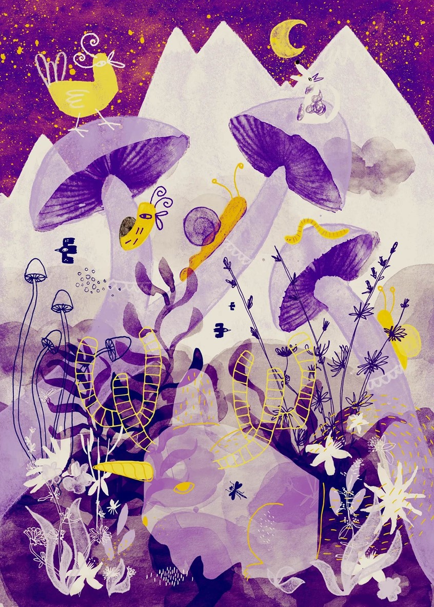 illustration of Mixed media illustration with a dark botanical and fantastical mood - birds, snails, caterpillars and small strange creature in a dense layered composition. Deep purples and violet with sharp yellow accents, watercolour and ink. Suited for book covers, fiction editorial and publishing contexts around folklore, fantasy or the uncanny.