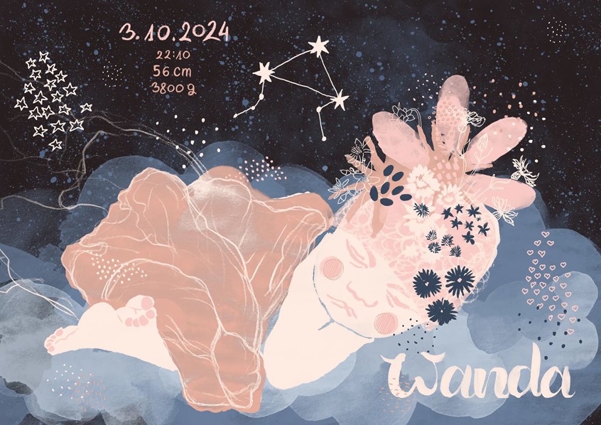 illustration of Mixed media newborn portrait illustration personalised with birth data - date, time, weight, height and constellation. Sleeping baby figure, botanical elements, hand-lettered name. Soft pink and dusty blue palette, layered watercolour textures. Suited for birth announcement, baby gift and family editorial contexts.