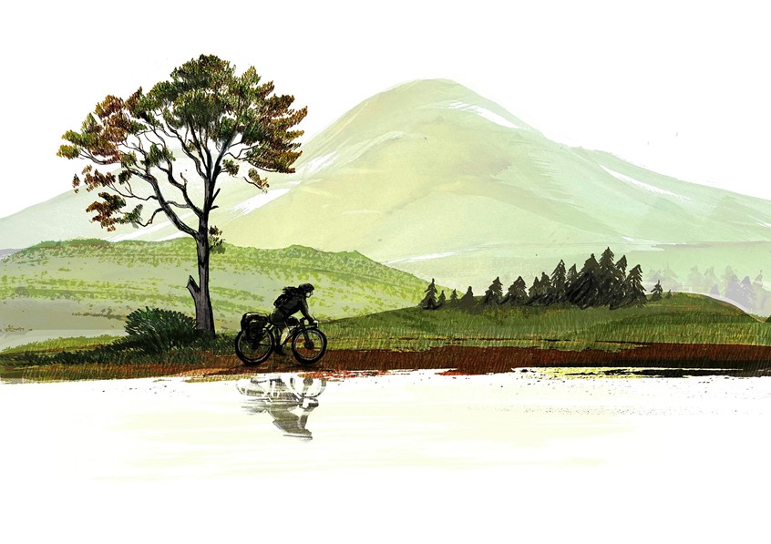 illustration of Bike ride through a scenic Scottish landscape along the side a loch, off on an adventure. Editorial, Cyclist, bike packing, hand drawn, textured, painted, landscape, hills, mountains, loch, lake, trees