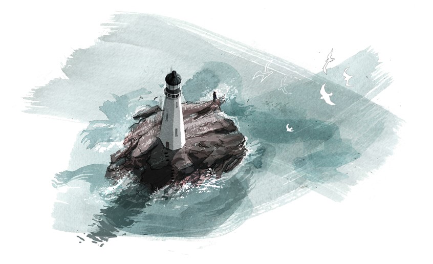 illustration of conceptual aerial view of lonely lighthouse with man standing along on rock with lighthouse in stormy seas. Painted, birds eye view, looking down from above, waves, sea, birds, lighthouse, rocks, ocean, figure at sea, lost, hand drawn