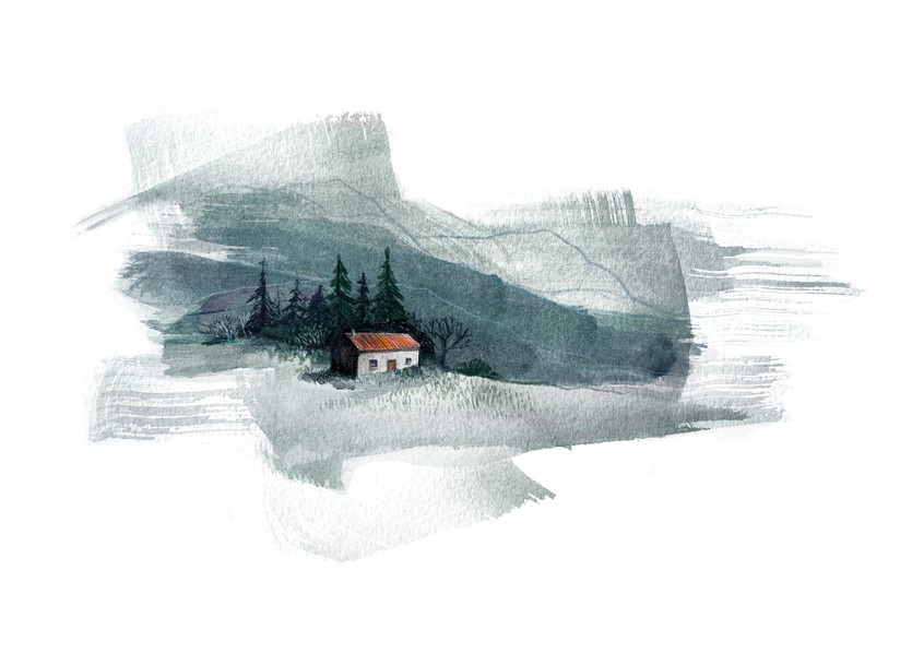 illustration of Scottish bothy house in the mountains. Highlands, trees, mountains, croft, house, home, landscape, hiking, Scotland, forest, painting,