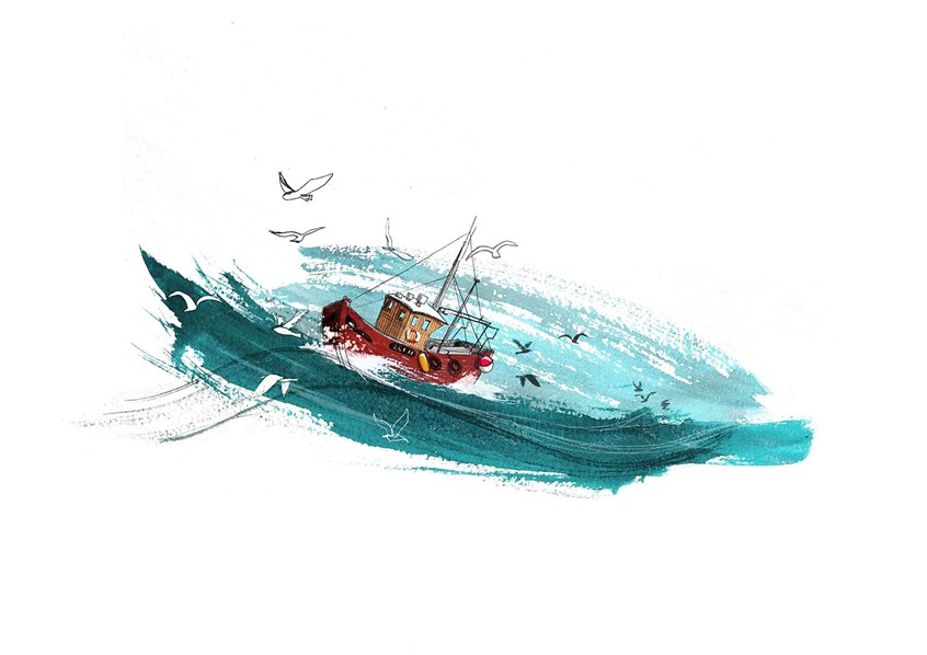 illustration of fishing boat on stormy sea illustrated in a hand drawn style. Sea gulls, waves, ocean, seas, boat, gulls, storm, sailing, fishermen, adventure, coast