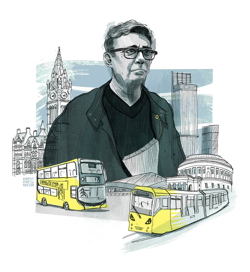 illustration of Illustrated portrait of Andy Burnham in Manchester with illustrated landmarks and buses and trams. Hand drawn in pen and ink. political portrait, politics, Prime minster, building, landmarks, city