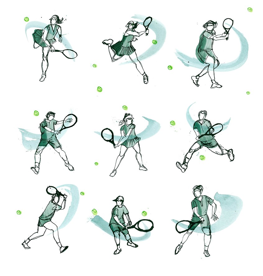 illustration of Hand drawn illustration of people playing tennis. Men and Women playing tennis pen and ink drawing. sport, play, ball, hit, femals, male, sports players, racket sport, running, loose drawing, sketch,