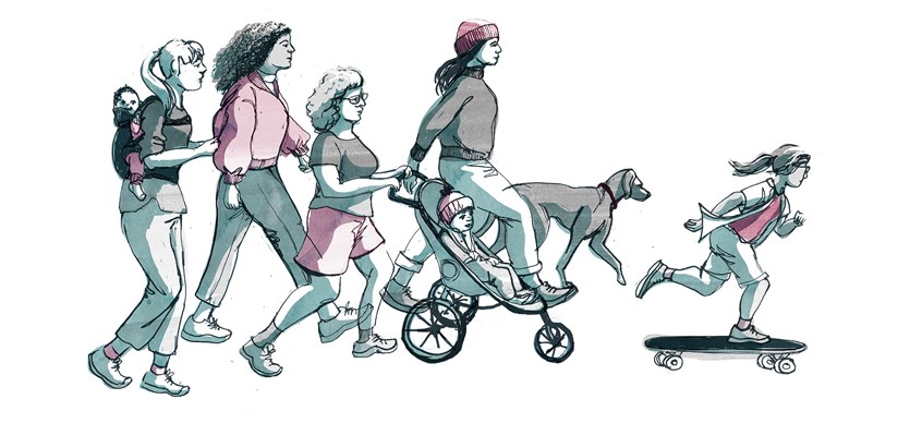 illustration of women on the move, hand drawn illustration in pen and ink of women on the move walking towards something. women and girls and children marching. girl on a skateboard, teenager walking, woman pushing a buggy, woman walking a dog. monochrome colours loose pen sketched lines of people walking together in a group. for editorial illustration by kerry hyndman