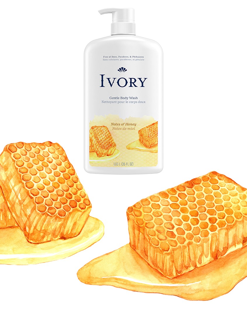 illustration of I had the joy of collaborating with P&G’s Ivory brand team on their body wash line packaging refresh. I contributed hand-painted watercolor illustrations for these SKUs: Water Lily, Honey, Coconut, Aloe, Lavender, Jojoba, Sensitive, Original Scent.
Honey, beauty, skincare, wellness, label, scent, ingredients, CPG.