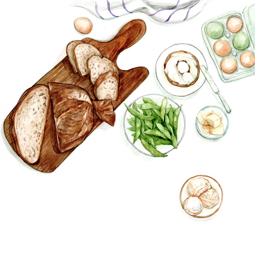 illustration of Tabletop view of a variety of foods: fresh sourdough bread, eggs, bagel with spread, butter, edamame and ice-cream. Hand-painted illustration for the Herbal Gut Health book by Storey Publishing.
Healthy eating, recipe, cookbook, wellness, nutrition, culinary guide, food journal, meal prep, Farm-to-table, breakfast ideas, fresh ingredients, artisanal, gourmet.