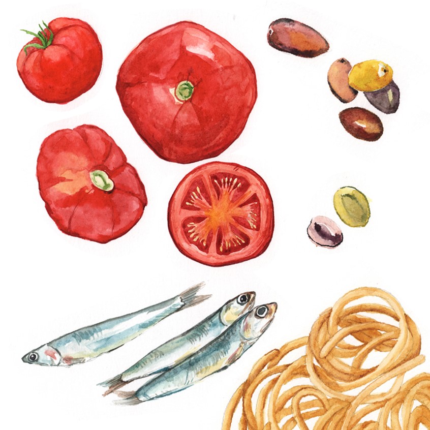 illustration of Pasta Puttanesca ingredients: tomatoes, Kalamata olives, anchovies and fresh pasta. Hand-painted illustration for the cooking app.
Healthy eating, recipe, cookbook, wellness, nutrition, culinary guide, food journal, meal prep, Farm-to-table, gourmet, Mediterranean, Italian cuisine.