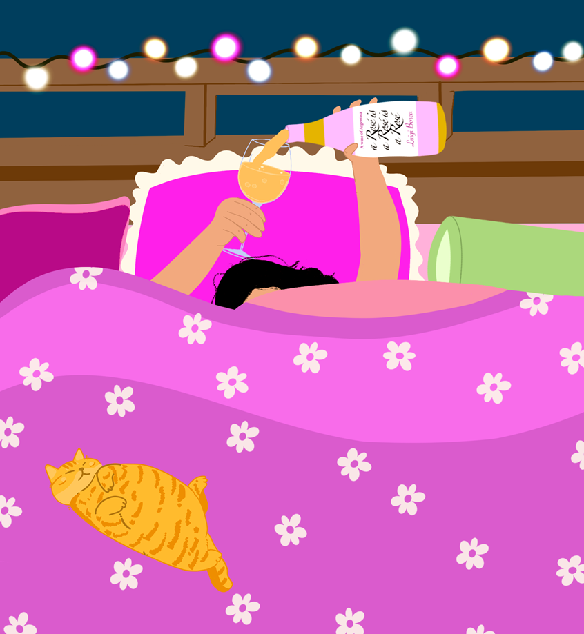 illustration of A concept driven bright illustration showcasing how single women who are quite and private can still have a gala New Years Eve contrary to what people imagine their life to be, with a glass of rose and snuggly cat!