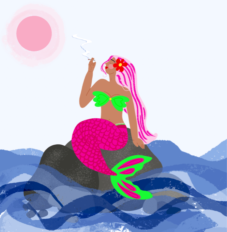 illustration of We often imagine mermaids as beautiful and curious, restless to explore the world beyond the sea and ready to leave their comfort behind. But what about a mermaid who knows who she is confident, happy, and secure in her own world? One who does not have to give up the magic of the sea to exist beyond it.
This GIF celebrates that mermaid, relaxed on the shore, simply being.