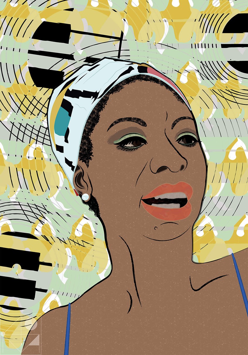 illustration of My dedication to Nina Simone. Touching voice, amazing piano performance, and piercing poetry wake up my soul every time I hear them. She is a self-made woman, so strong and beautiful. She has been in my mind and soul for too long, so I decided to make her visible to me.