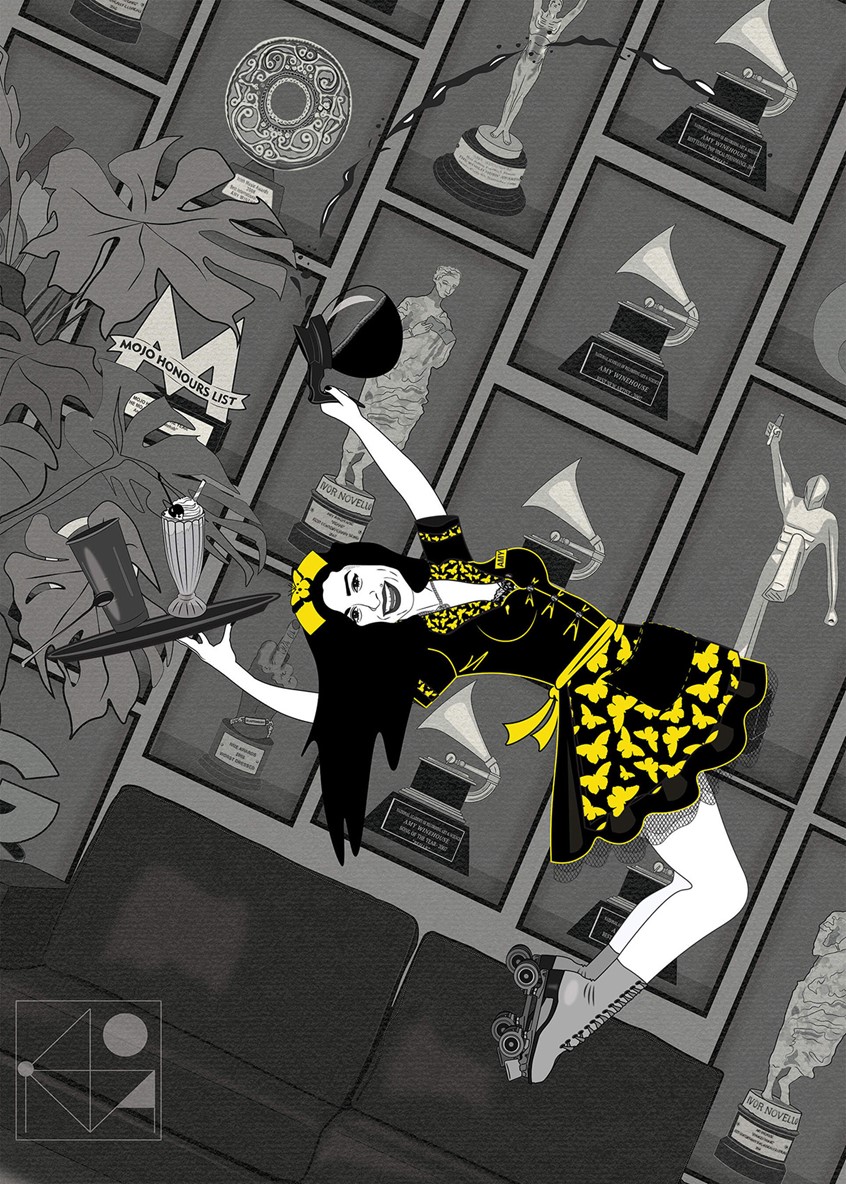 illustration of Illustration inspired by the book by Janis Winehouse ‘Loving Amy. A Mother’s story’. Personal Project.
Illustration to the quote: 'But when they asked her what she wanted to do with her life, she replied, ‘I don’t know really – sing a bit. Be a roller-skating waitress?’ Oh, Amy.’
