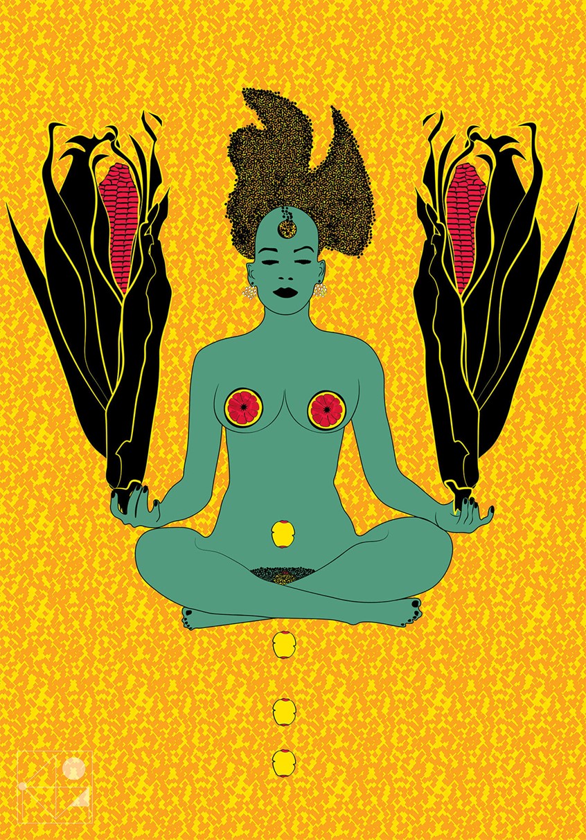 illustration of Illustration from 'Pepper and Salt' project.
When you are full of pepper or salt, something beyond the ordinary should happen.
This girl becomes a pepper shaker trying to find the brightest version of nirvana with elevating corn ears in her hands.
