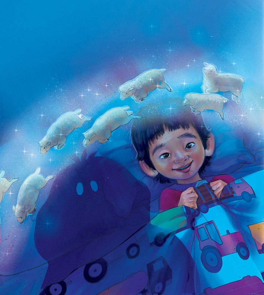 illustration of Boy dreaming of fluffy sheep floating through a magical night time world. children's, animals, whimsical, character,narrative, people, figures, boy, kid, bedtime, bed, fear, charming, painterly, digital, emotional, dreamlike, whimsical, deep blues, purple, blue, Magical, wonder, curious, monster, happiness, joy.