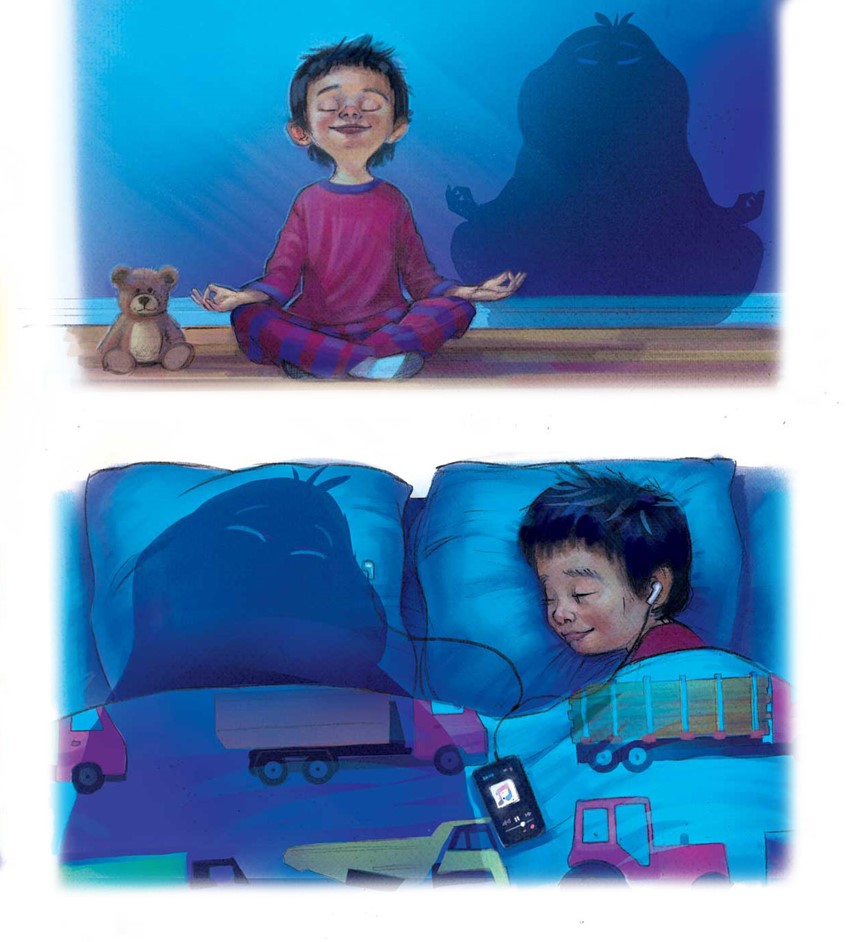 illustration of A narrative, storytelling illustration showing a child practicing calm breathing during the day and resting peacefully at night. children's, animals, whimsical, character, people, narrative, figures,
narrative, storytelling illustration, emotional, regulation, mindfulness, children, boy, monster, emotional regulation, self-soothing, blues, purple, deep hues, bedtime illustration, bedtime, sleep