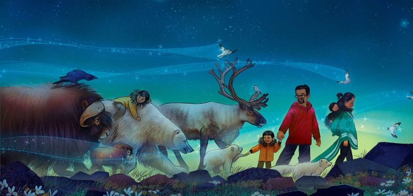 illustration of A story-driven illustration of children and adults walking together with animals at twilight, conveying themes of connection, respect for nature, and shared belonging. Designed for a picture-book, the images uses cinematic lighting and gentle movement to support visual storytelling. narrative,people, figures, connection, belonging, twilight, narrative illustration, picture book illustration,nighttime, walking, storytelling, belonging, family, love, whimsical, animals and children, nature scene,