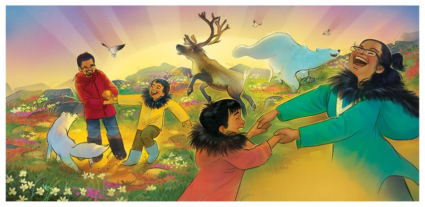 illustration of A narrative, storytelling illustration depicting a joyful moment of children and adults holding hands and dancing together in nature. narrative, children's, animals, people, figure,narrative, whimsical, character, picture book spread, spring, whimsical, happiness, adoption, warmth, spring, vibrant, dynamic, nature, family, joyful, connection, wildlife, animal, arctic,
