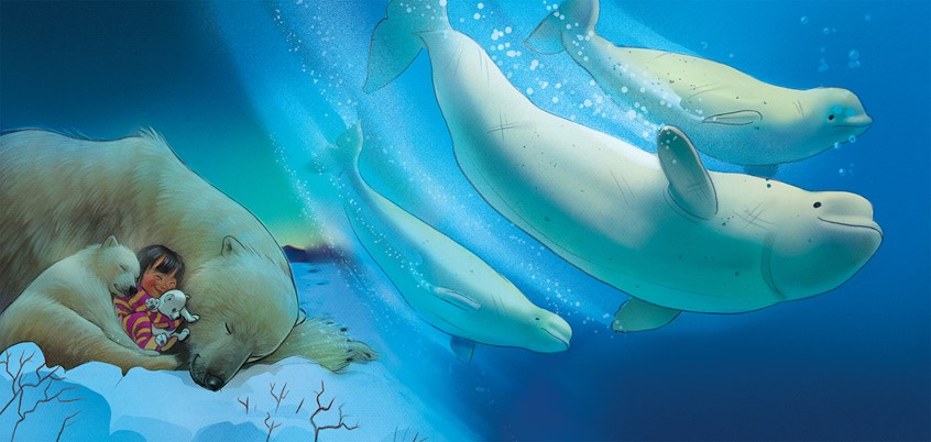 illustration of Cinematic double-page spread pairing land and underwater scenes across the gutter to deepen emotional resonance and explore care, connection, and belonging. children's, figure, animals, whimsical, storytelling, polar bears, beluga, arctic wildlife, protection, deep calm. winter scene, people, softness, soft colors palette, cool blue tones, gentle illustration, atmospeheric lighting, painterly texture, emotional warmth, comfort and safety, quiet moment, companionship,