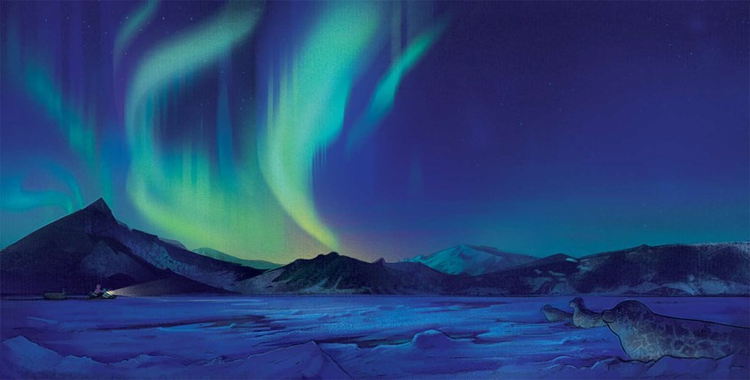 illustration of A wide, cinematic winter landscape illuminated by the northern lights, using sweeping motion and cool blue-green tones to evoke wonder, stillness, and awe. children's, animals, narrative, whimsical, character, landscape, nature, people, figures, cinematic, wildlife, arctic landscape, aurora borealis, cool blue-green landscape, luminous color, winter night scene, wonder, painterly texture, quiet mood, native land, indigenous