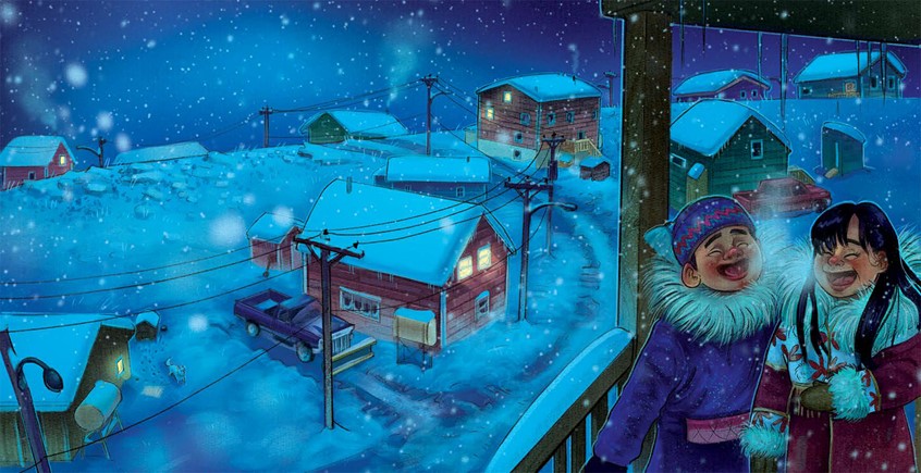 illustration of A snowy northern town at night, glowing with warm window light as children laugh together on a balcony, using cool blues and soft snowfall to convey community, warmth, and shared joy.
children, children's, narrative, animals, whimsical, character, people, figures, siblings, boy, girl, family, laughter, joy, blues tones, winter night scene, snowy village, native land, indigenous, painterly texture, gentle storytelling