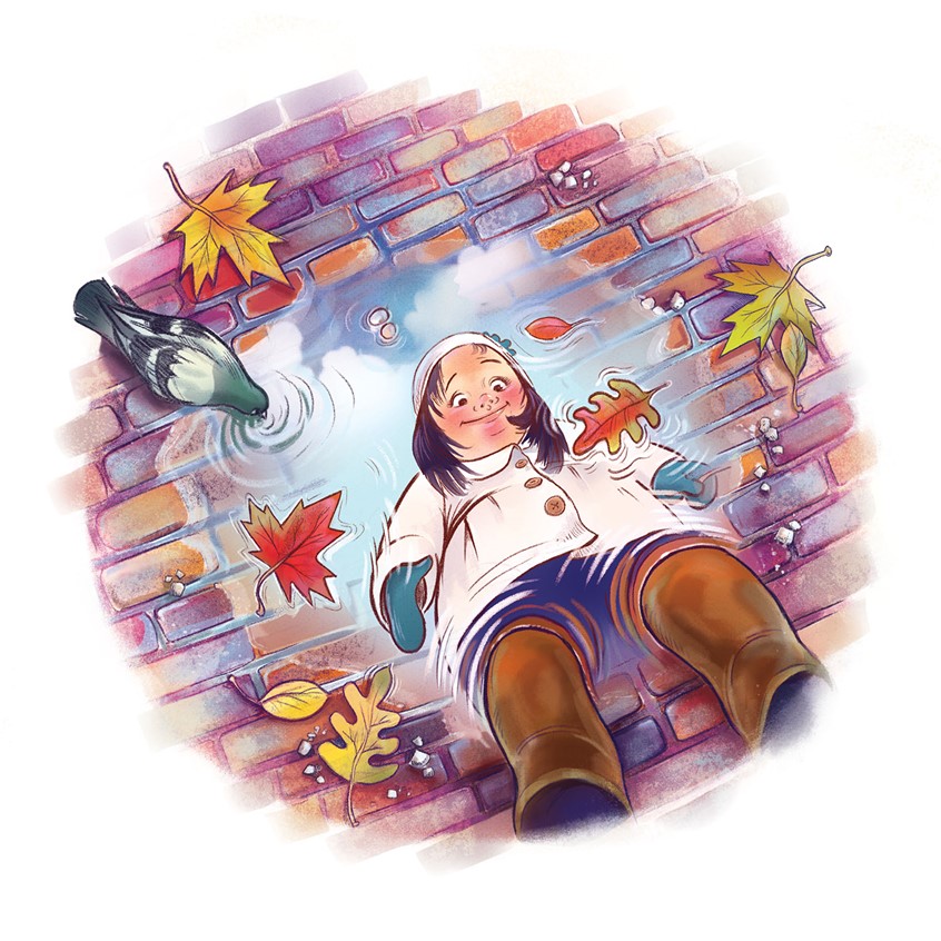 illustration of A child gazes into a puddle scattered with falling leaves, rendered with soft textures and warm autumn tones to capture curiosity, play, and quiet reflection. narrative, editorial, child, children's, figures, people, whimsical, character, girl, kid, warm tones, autumn illustration, fall illustration, soft painterly texture, fall leaves, bird, gentle, quiet moment, everyday wonder, lyrical illustration.