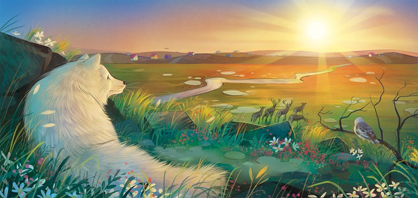 illustration of A peaceful landscape illustration of a white fox resting in the grass at dusk, overlooking a shared prairie scene that evokes love, welcome, and belonging. narrative, children's, animals, whimsical, character, nature illustration, narrative, arctic wildlife, narrative illustration, belonging, love and connection, gentle, animal characters, storytelling, nature scene, whimsy, morning. flowers, river.