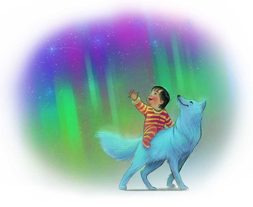 illustration of A child rides atop a white fox beneath glowing northern lights, using soft gradients and luminous colour to evoke curiosity, imagination, and quiet joy. children's, animals, narrative, whimsical, character, people, figures, luminous color palette, wonder, baby, northern lights, arctic life, soft, fox, gentle, magical realism, child and animal, sense of wonder, dreamlike, whimsical tone, emotional warmth.