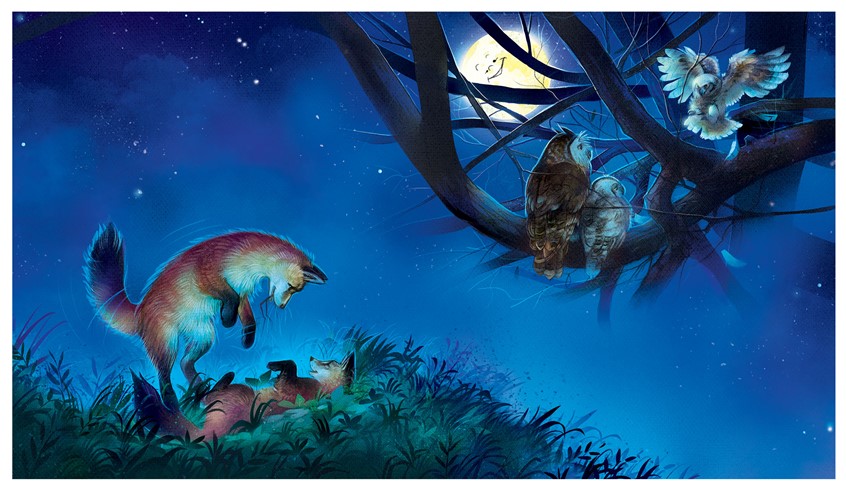 illustration of A moonlit forest scene where animals gather quietly in the dark, using deep blues, soft glow, and layered shadows to evoke mystery, protection, and calm nighttime awareness.
children's, animals, narrative, whimsical, character, nocturnal scene, deep blue palette, purples, moonlit lighting, whimsical, playful, wonder, atmospheric illustration, woodland night, quiet tension, gentle suspense, painterly texture, emotional mood, bedtime