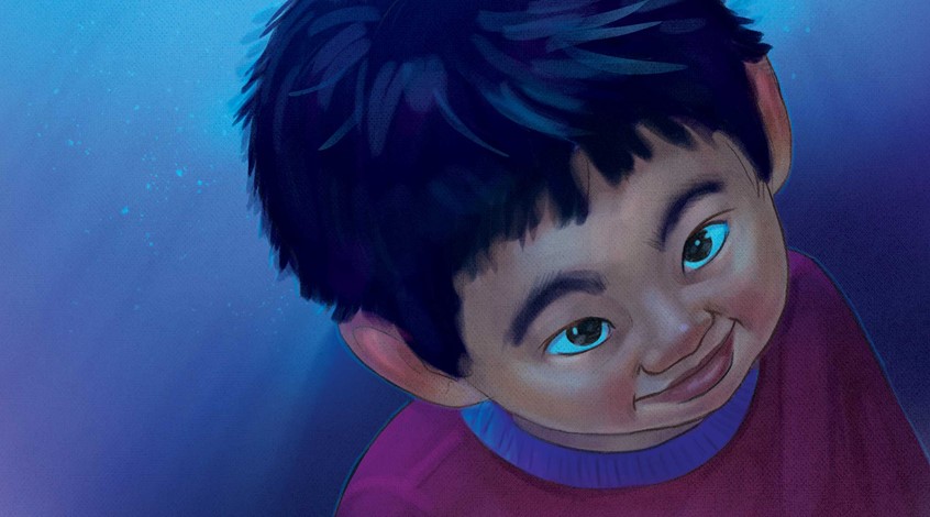 illustration of A close-up portrait of a young child rendered with soft painterly texture and cool blues tones, capturing warmth, curiosity, and emotional presence through subtle expression and light. children's, animals, whimsical,narrative, character, people, figures, children expression, kid, boy, asian, character portrait, expressive face, painterly texture, soft lighting cool colour palette, emotional subtlety, intimate moment, curious, gentle realism, wonder.