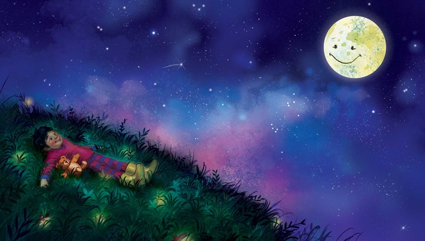 illustration of A quiet nighttime scene of a child lying in tall grass beneath a star-filled sky and smiling moon, rendered in deep blues and soft light to evoke calm, imagination, and comfort. children's, animals, whimsical, character,narrative, people, figures, nighttime palette, boy, peaceful, painterly texture, gentle, sense of calm, whimsical night, night sky, deep blue tones, purples, fusia, soft lighting, atmospheric illustration, dreamy mood, bedtime, quiet,