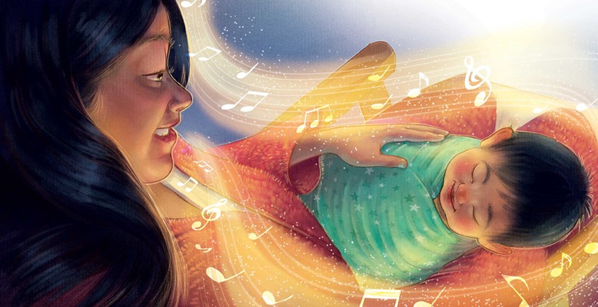 illustration of A tender Children's book illustration of a sleeping baby nestled in his moms arms, surrounded by the sounds oh her gentle singing. children's, animals, whimsical,narrative, character, people, figures, warm tones, singing, mother and baby, nurturing, mother, plus toys, peaceful, toddler, family, love,
bedtime scene, sleeping baby, innocence, nursery, comfort, soft lighting