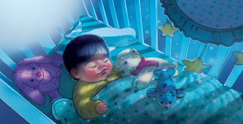 illustration of A tender Children's book illustration of a sleeping baby nestled in a crib, surrounded by soft toys and gentle moonlight. children's, animals, whimsical, character, narrative, people, figures, cute, Cool blue tones, starry patterns, plus toys, peaceful, toddler, family, love,
bedtime scene, sleeping baby, innocence, nursery, comfort, soft lighting