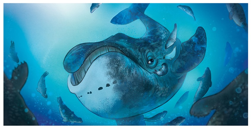 illustration of A luminous underwater scene of a bowhead whale moving slowly through cool blue water, rendered with soft textures and filtered light to evoke calm, curiosity, and quiet awe. children's, whimsical, portrait, landscape, narrative, character, whale, under the sea, seals, sea life, cool blue palette, underwater scene, soft lighting, gentle movement, wonder, ocean life, tranquil mood, lyrical illustration, animal-focused imagery