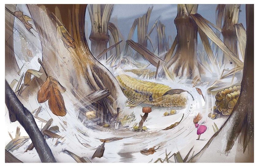 illustration of Inspired by Thumbelina, this winter cornfield scene captures a moment of fragile hope as Thumbelina seeks shelter from the wind. A discarded corn cob reads as a doorway at her scale while swirling leaves and bare stalks reveal the harshness of the environment beneath the illusion of the safety. narrative, whimsical, fantasy, landscape, nature, children, people, figures, fairy tale, winter scene, scale, safety, wonder, whimsical, painterly texture, environmental storytelling