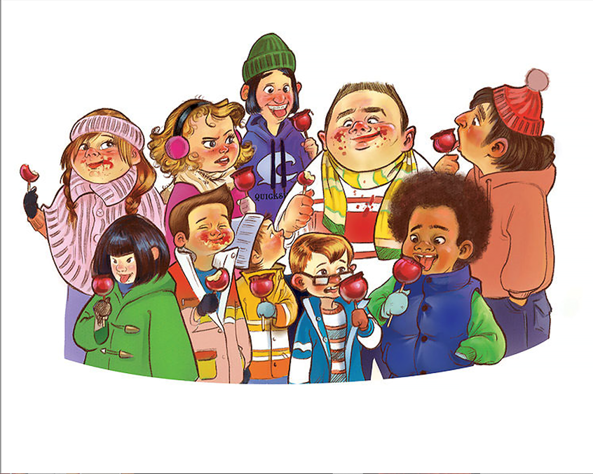 illustration of A warm, character-rich illustration depicting a diverse group of children gathered together in winter clothing, sharing a joyful moment as they enjoy treats. children's, editorial, narrative, animals, whimsical, character, people, figures, diversity, children, kids, boys, girls, autumn, fall, seasonal, funny, humour, community, everyday moments, character-driven illustration.
