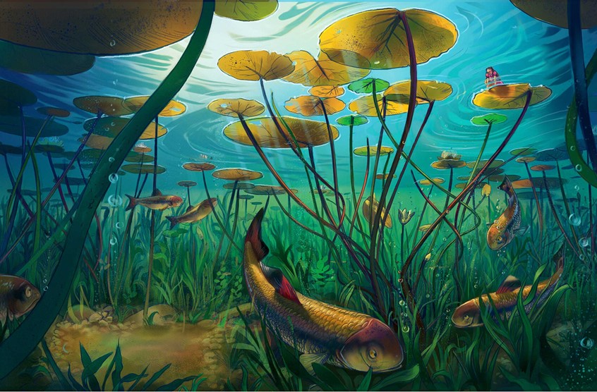 illustration of An underwater scene inspired by Thumbelina, where fish glide beneath lily pads in a quiet pond, children's, animals, whimsical, narrative, character, people, figures, narrative, subtly altering the environment to help her escape. fairy tale, underwater scene, whimsical, aquatic, classic fairy tale, atmospheric illustration, magical realism