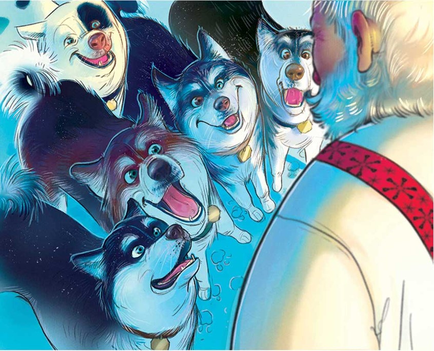 illustration of A children's book illustration of an eager team of sled dogs gathered closely together, gazing up at Santa with excitement and trust. children's, animals, whimsical, narrative, character, people, figure, portrait, husky, dog, Santa, holiday, Christmas illustration, helpers, north pole, animal characters, dog team, sled dogs, seasonal.