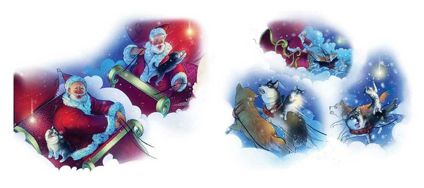 illustration of A series of vignette illustrations of Santa riding his sleigh with sled dogs, while the baby husky causes chaos in the hopes of capturing a flying star. narrative, people, figures, narrative, children's, animals, whimsical, character, vignettes, whimsical, santa sleigh, holiday, christmas illustration, in the nigth sky, starry night, sled dogs, puppy, clouds.
