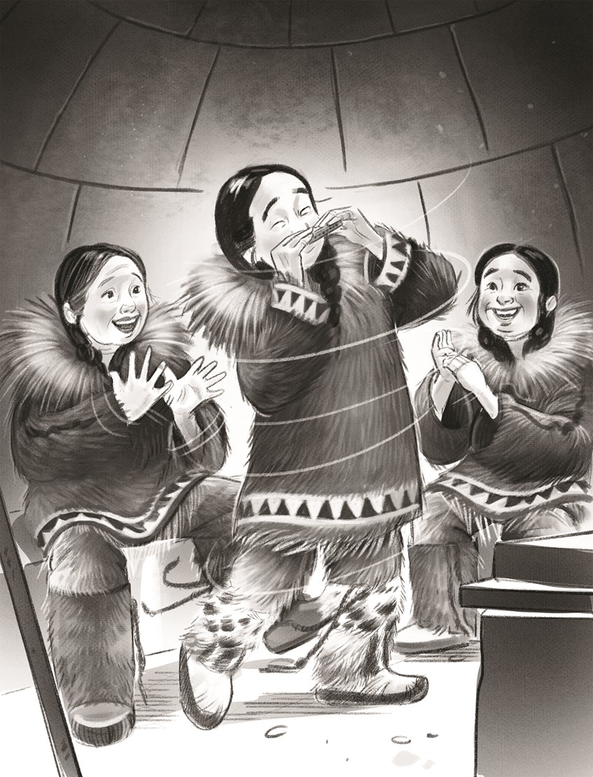 illustration of A monochromatic narrative illustration of children gathered in an Igloo. children's,narrative, animals, whimsical, character, people, figures, cultural storytelling, winter, arctic, indigenous culture, native land, expressive linework, black and white illustration, traditional clothing