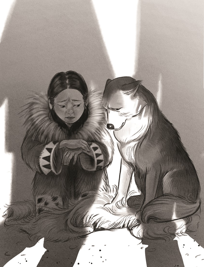 illustration of A monochromatic narrative illustration of a inuit girl with her dog in distress. children's, animals, whimsical, character, people , figures, cultural storytelling, winter, arctic, husky, dog, companionship, igloo, shadows, fear, stress, emotional, indigenous culture, native land, expressive linework, black and white illustration, traditional clothing